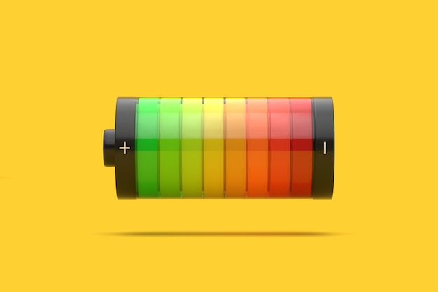 明るい黄色の背景にフル充電バッテリーのバッテリー充電ステータス インジケーター 3 D レンダリング