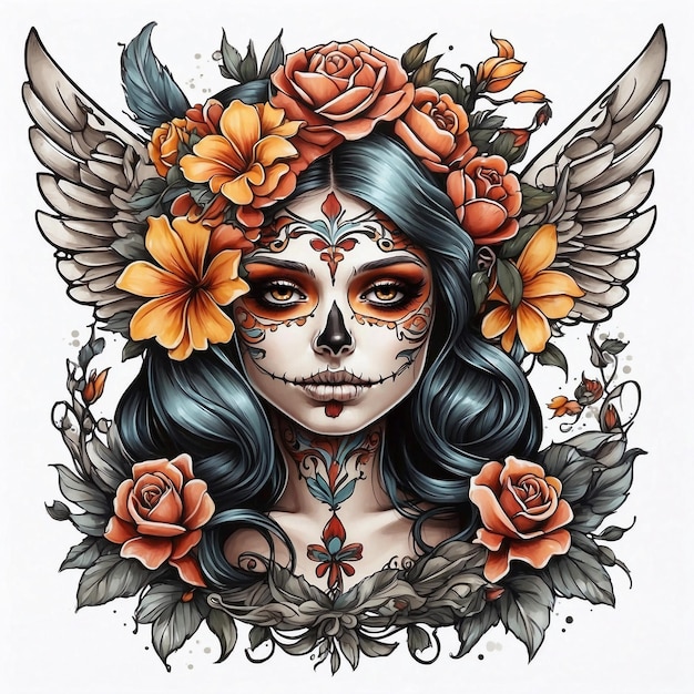 Full Color illustration of Chicano girl tattoo style