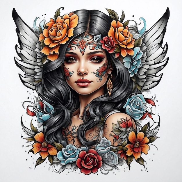 Photo full color illustration of chicano girl tattoo style