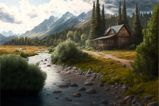 Full color photography, landscape, forest valley with stream,\
rustic cabin in far distance, clouds