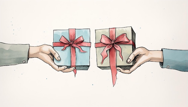full color tekening van een paar handen die een geschenk dragen