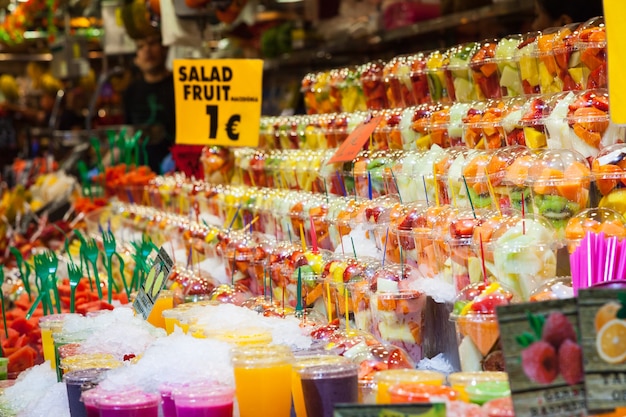 Full colors in this detail of fruit salads exposed in a Spanish market