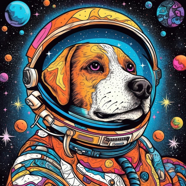 Full colour kunsthond die de ruimteachtergrond verkent