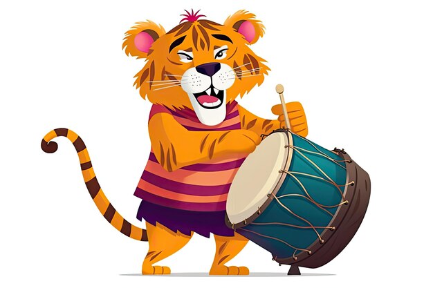 Full dressed funny tiger in colorful dress playing drum and smiling isolated on a white background g