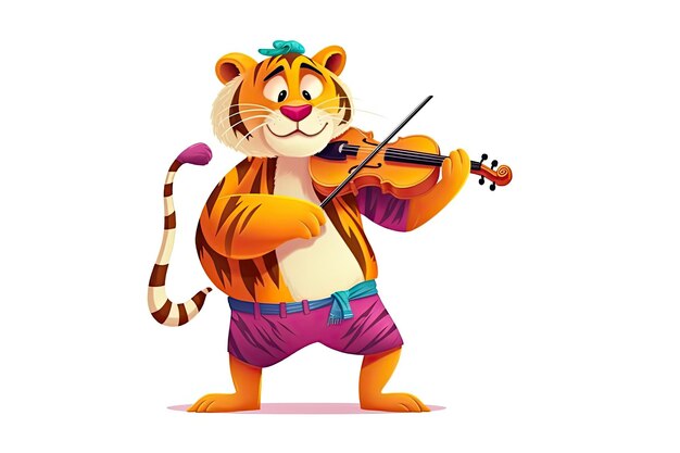 Full dressed tiger playing violin and smiling isolated on a white background