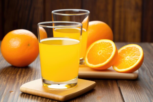 Full and empty orange peels next to a glass of juice