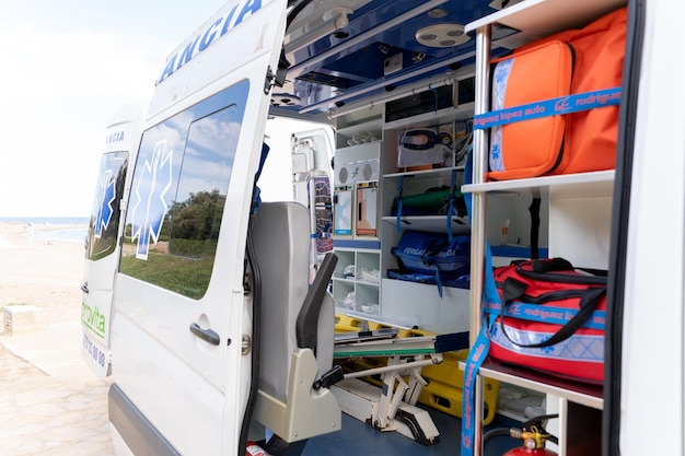 Full equipped ambulance parked on a beach