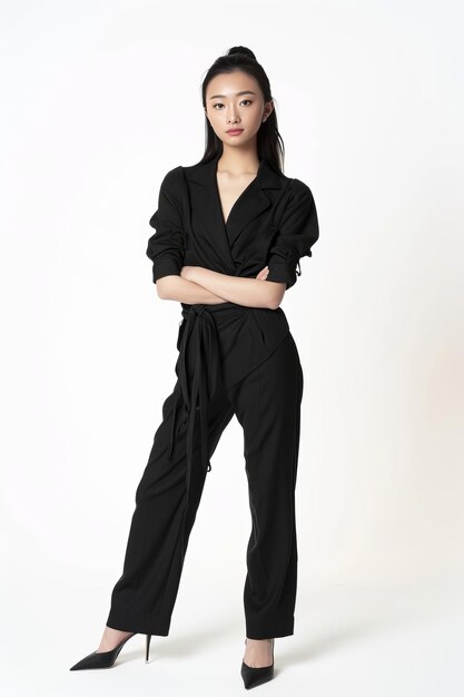 Photo full face no crop of a pretty young chinese super model in a structured black jumpsuit and heels exu