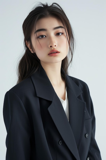 Photo full face no crop of a pretty young japanese super model in a structured blazer and pencil skirt exu