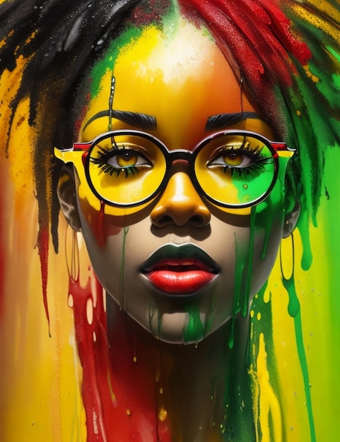 a full face portrait of a black woman red and yellow and green hair wearing yellow red and green