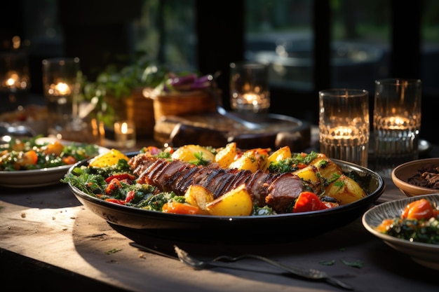 Full feast juicy barbecue fresh salads and golden potatoes on rustic table generative IA