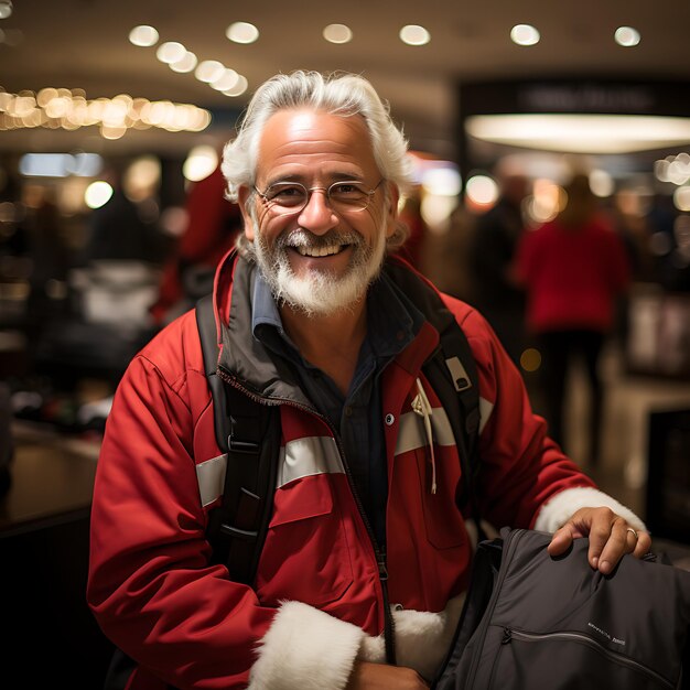 full figure happy smiling Santa Claus late night christamas shopping in a scandinavian shopping