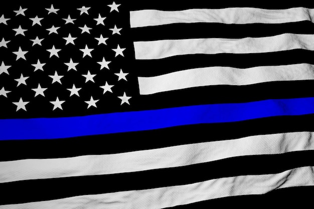 3d 렌더링에서 파란색 줄무늬가 있는 흔들리는 흑백 미국 국기의 전체 프레임 근접 촬영