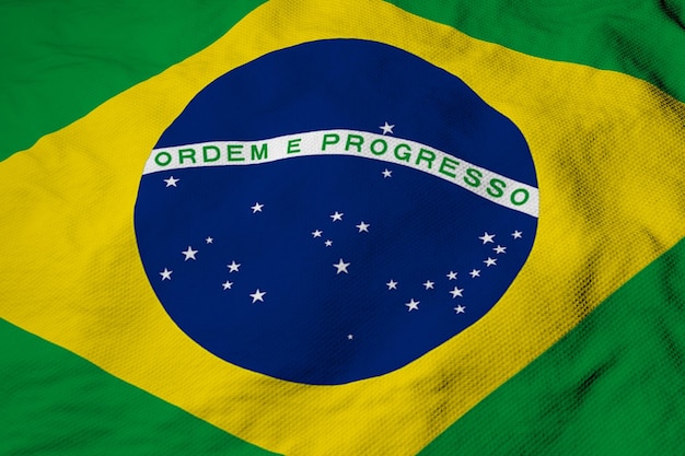 Full frame closeup on a waving Brazilian flag in 3D rendering