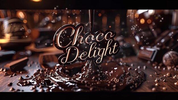 A full frame melting chocolate scattering all over with text banner choco delight whirling and space Generative AI