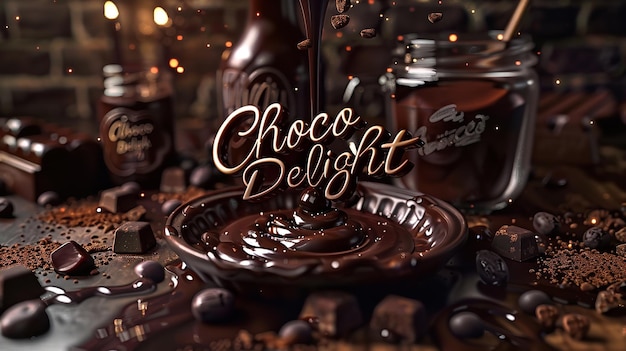 A full frame melting chocolate scattering all over with text banner choco delight whirling and space Generative AI