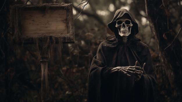 Full frame picture with skeleton holding an empty wooden sign in a cemetery Halloween with Placard