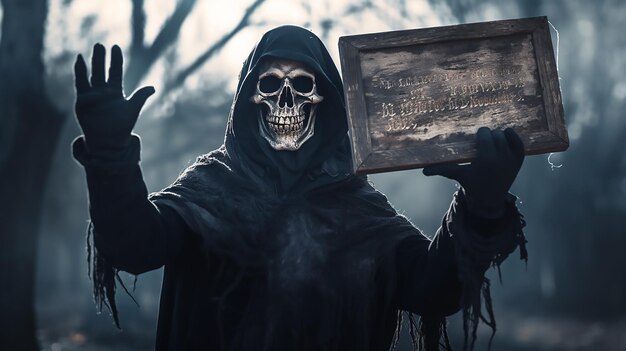 Полнокадровое изображение со скелетом, держащим пустой деревянный знак на кладбище Хэллоуин с плакатом