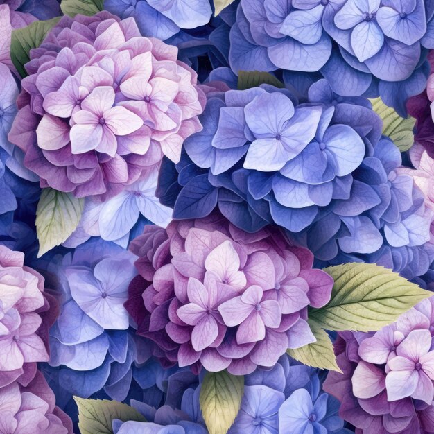 Full frame of purple and pink hydrangeas background created using generative ai technology