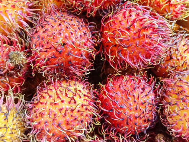 Full frame shoot of bunch of rambutan fruits Ripe rambutan sweet tropical fruit