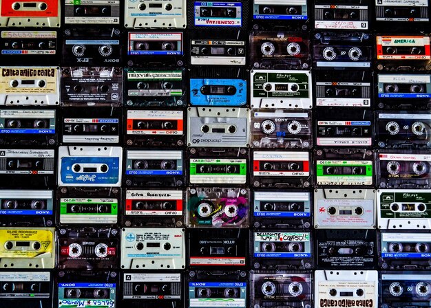 Photo full frame shot of audio cassettes