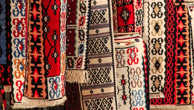 Full frame shot of carpets hanging at market stall