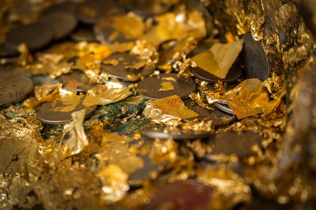 Foto fotografia completa di monete e foglie d'autunno