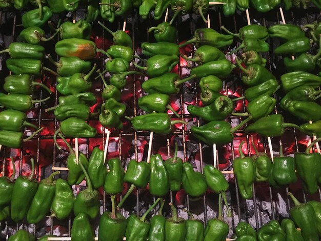 Full frame shot of green chili peppers for sale at market stall