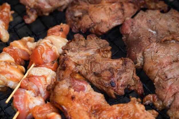 Full frame shot of meat on barbecue