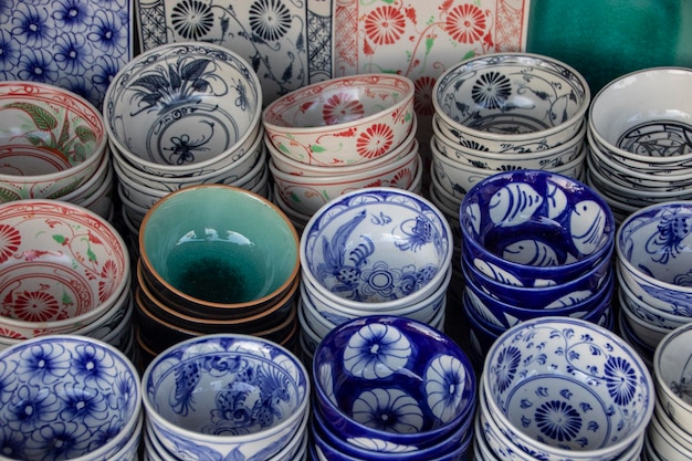 Full frame shot of multi colored bowls for sale