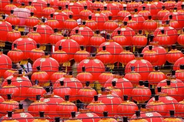 Full frame shot of red lanterns hanging outdoors