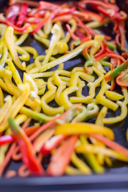 Full frame shot of sliced colorful bell peppers