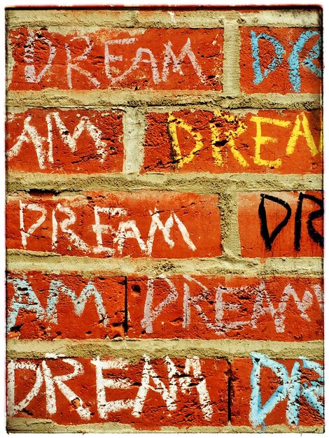 Full frame shot of text on brick wall