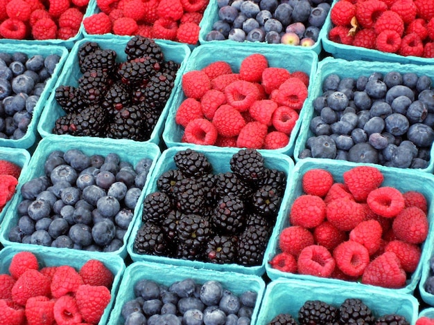 Photo full frame shot of various berries in containers at market