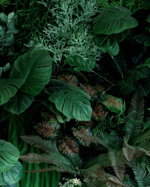 full frame of tropical leaves pattern background nature lush foliage leaf texture