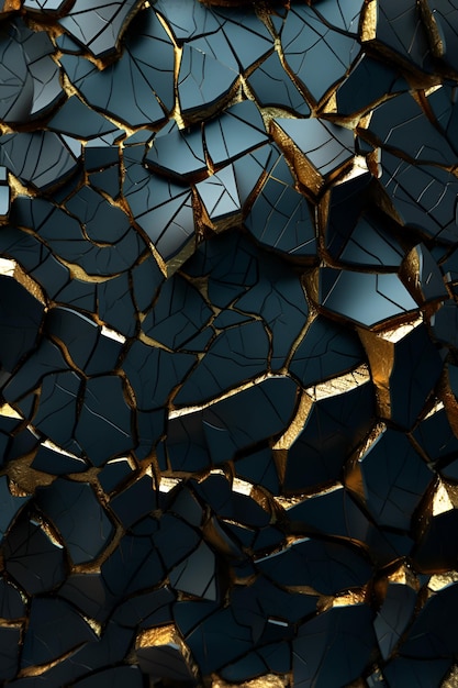 Full frame vantablack surface with golden diagonal cracks top view ai