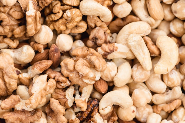 Full frame view of walnuts; hazelnuts and cashew nut