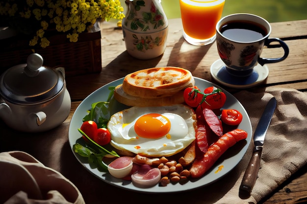 Full fry up English breakfast on sunny summer morning food