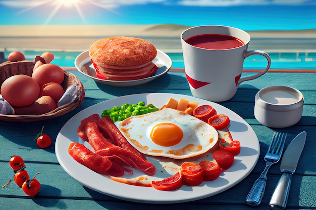 Photo full fry up english breakfast on sunny summer morning food