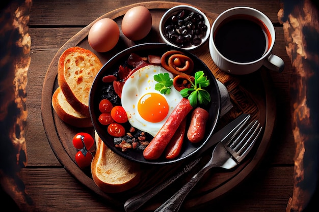 Full fry up English breakfast with fried eggs