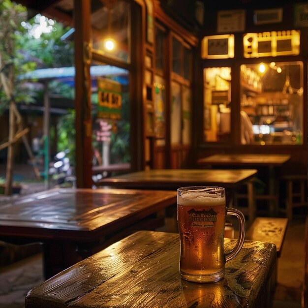 Foto un bicchiere pieno di birra si siede su un tavolo di legno