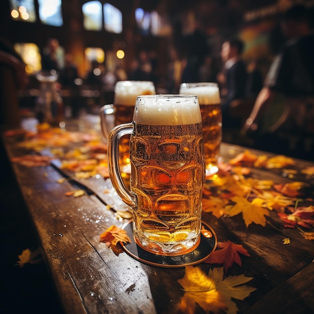 A full glass of beer on a wooden table with leaves on the table.