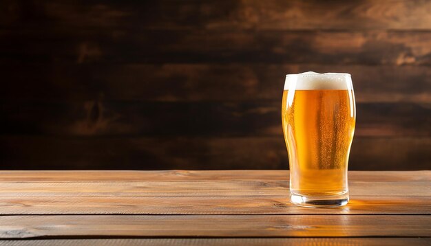 a full glass of beer on a wooden table