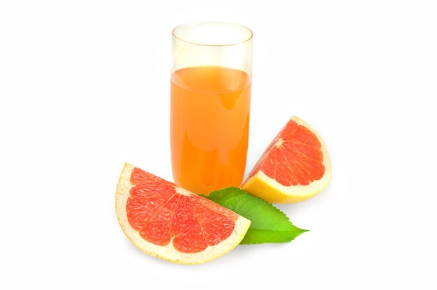 Full glass of grapefruit juice and two wedges isolated on white.