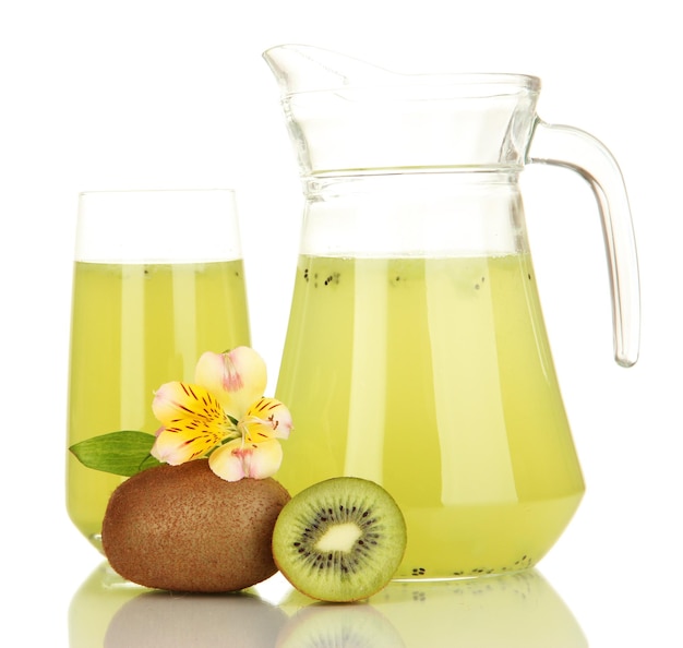 Full glass and jug of kiwi juice and kiwi isolated on white