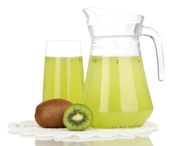 Full glass and jug of kiwi juice and kiwi isolated on white