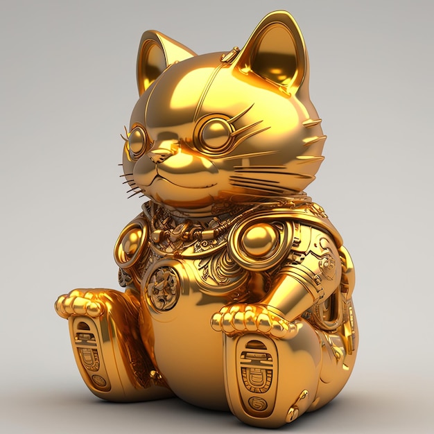 Photo full gold body maneki neko cyberpunk chinese cyborg cat on a black background generative ai futuristic cyborg cat portrait golden style cyberpunk