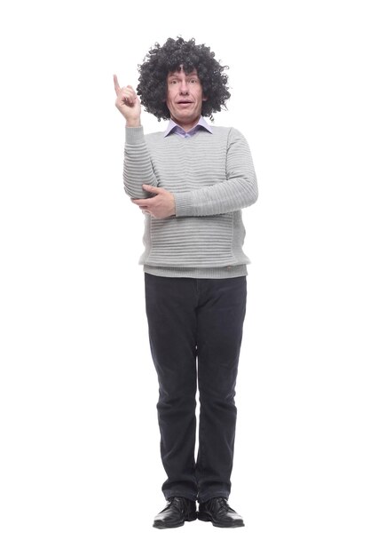 In full growth. amusing a man in a wig. isolated on a white background.