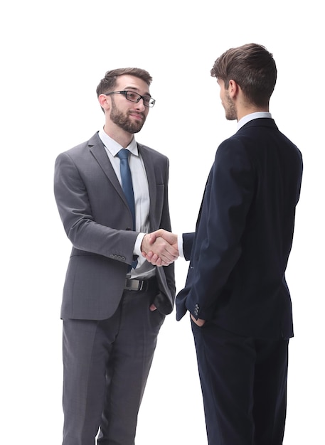 In full growth business people shaking hands
