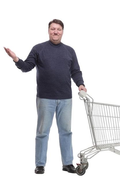 In full growth casual mature man with shopping cart